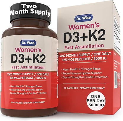 Dr. Wise Vitamin D3 5000 IU + K2 MK-7 - Women’s Supplement for Bone Strength, Heart Health, Immune Support & Radiant Skin - 60 Capsules - High Absorption - 2 Month Supply