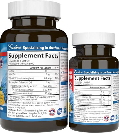 Carlson - EcoSmart DHA, 500 mg DHA, Sustainable Source, Healthy Vision & Brain Function, Lemon, 60+20 Softgels