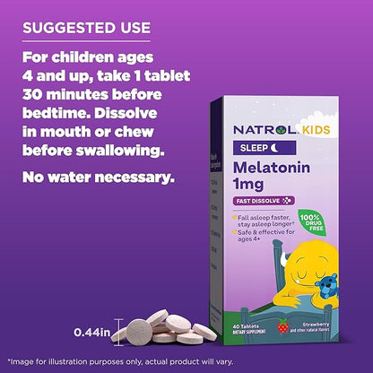 Natrol Kids Fast Dissolve Melatonin 1 mg, Dietary Supplement for Restful Sleep, Sleep Tablets for Kids, 40 Strawberry-Flavored Melatonin Tablets, 40 Day Supply
