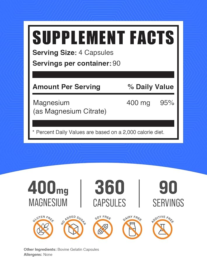 BulkSupplements.com Magnesium Citrate Capsules - Magnesium Supplement, Magnesium Citrate 400mg - Gluten Free, 4 Capsules per Serving, 360 Count (Pack of 1)