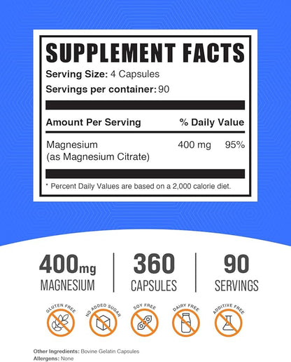 BulkSupplements.com Magnesium Citrate Capsules - Magnesium Supplement, Magnesium Citrate 400mg - Gluten Free, 4 Capsules per Serving, 360 Count (Pack of 1)