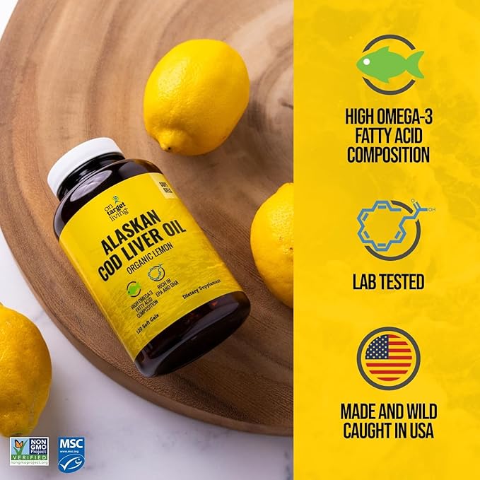 On Target Living Alaskan Cod Liver Oil 120 Soft Gels | Line Caught in The USA | Naturally Occurring Vitamin D | Rich in Omega 3 DHA/EPA