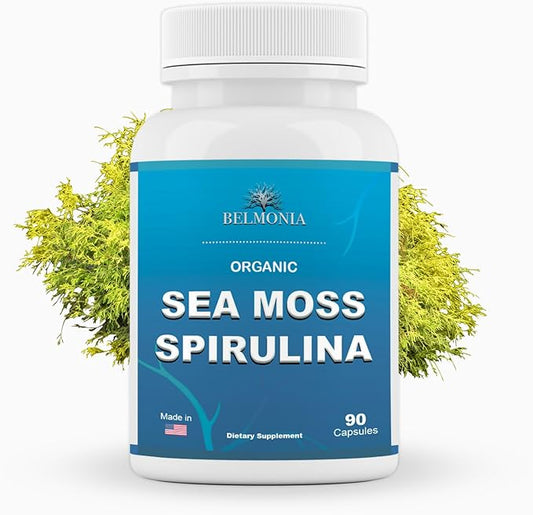 Organic Sea Moss Spirulina, 90 Capsules, 100% Organic Sea Moss Spirulina, Strength & Endurance- High Potency Sea Moss Supplement, Made in USA, Superfood Capsules for Men & Women, Vegan