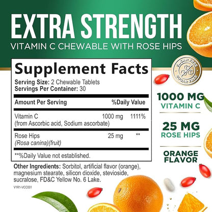 Chewable Vitamin C 1000mg - Extra Strength Antioxidants for Powerful Immune Support w/Vitamin C & Rose HIPS - Potent Dietary VIT C Chews Supplement, Natural, Vegan, Gluten-Free, Non-GMO - 60 Tablets