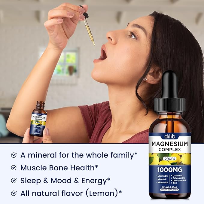 Triple Magnesium Complex Supplement, Magnesium Glycinate, threonate, Citrate Liquid Drops 1000mg with Ashwagandha, CoQ10, Vitamin B6, C, D, Zinc - Vegan Lemon Flavor