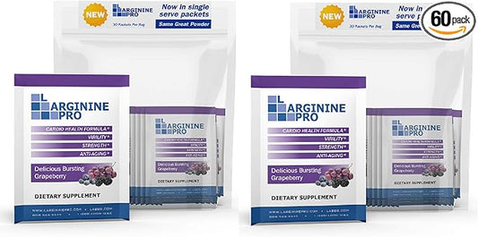 L-ARGININE PRO Supplement Powder | 60 Packets Single Serve Travel Size | 5,500mg of L-arginine Plus 1,100mg L-Citrulline, Grape