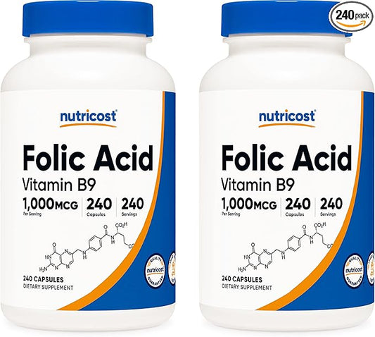 Nutricost Folic Acid (Vitamin B9) 1000 mcg, 240 Capsules (2 Bottles)