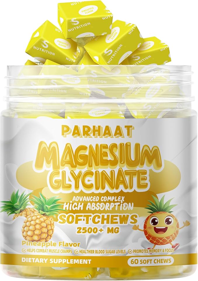 Magnesium Glycinate Soft Chews, Pineapple Flavor.Chewable Sugar Free Potassium Magnesium Chews with Magnesium Glycinate, Vitamin D, B6, and CoQ10 for Calm Support & Sleep for Adults, 60 Days Supply
