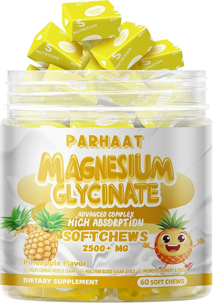 Magnesium Glycinate Soft Chews, Pineapple Flavor.Chewable Sugar Free Potassium Magnesium Chews with Magnesium Glycinate, Vitamin D, B6, and CoQ10 for Calm Support & Sleep for Adults, 60 Days Supply