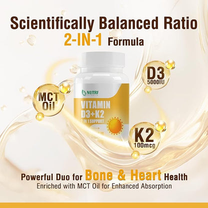 Vitamin D3 K2 with MCT Oil, Vitamin D3 5000 IU and K2 100mcg, Formula 2 in 1 for Bone and Heart Health, Gluten Free - 60 Count Softgels