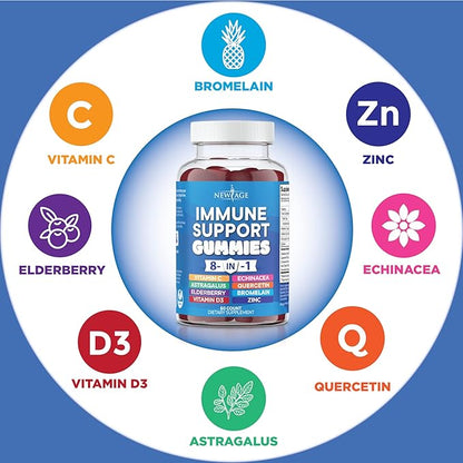 NEW AGE 8 in 1 Immune Support Booster Supplement with Astragalus Root, Vitamin C and Zinc 50mg, Vitamin D 5000 IU, Quercetin & Bromelain (8 in 1 Gummies (Pack of 3))