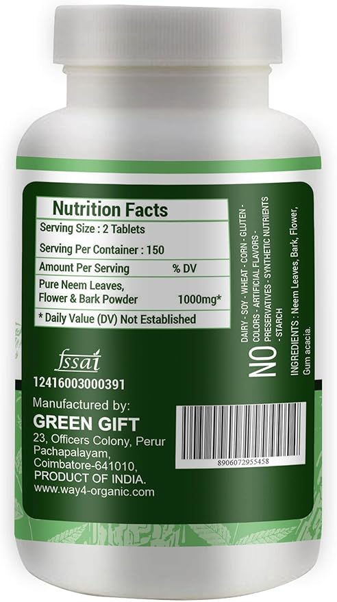 Neem Triple Complex - High-Potency Azadirachta Indica Tablets, Neem Leaves, Bark, Flowers in Ratio (80:10:10) - 300 Tablets, 150 Serving, 1000 Mg (1 Pack)