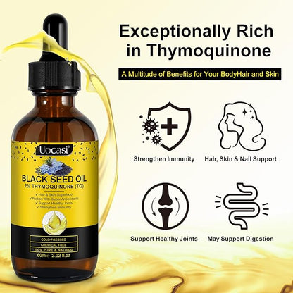 Black Seed Oil Organic Cold Pressed - 2Pack, 100% Pure and Natural Liquid, Enriched with High TQ & Dynamic Harmony of Omegas 3 6 9, Hair Growth, Skin Cares, Nourishes and Hydrates Hair, 4.04 Oz