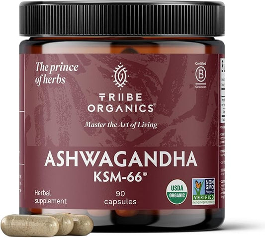 TRIBE ORGANICS Ashwagandha KSM 66 Pure Organic Root Powder Extract Ayurvedic Supplement - Focus Mood Support Increase Energy Strength 600mg of Natural KSM66 for Superior Absorption - 90 Capsules