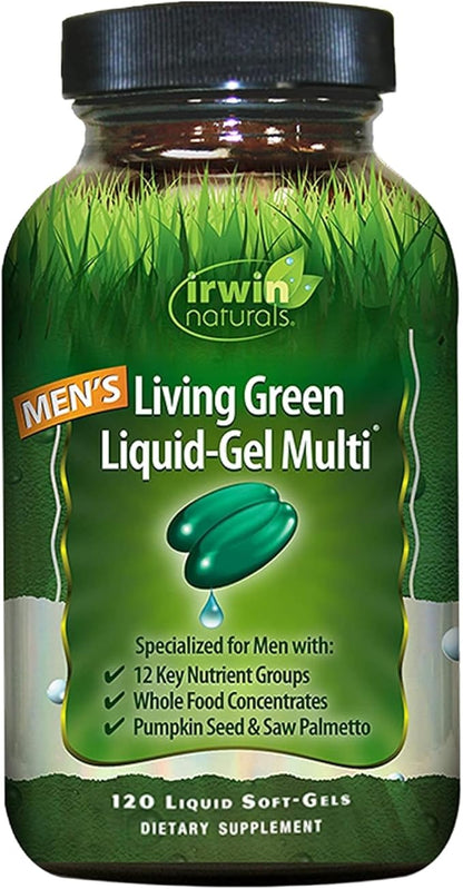 Irwin Naturals Men's Living Green Liquid-Gel Multi - 70 Essential Nutrients, Full-Spectrum Vitamins, Wholefood Blend - Targeted Adrenal & Brain Support - 120 Liquid Softgels