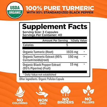 Organic Turmeric Curcumin with Black Pepper Extract 2000mg - High Absorption Ultra Potent Supplement - 95% Curcuminoids - Vegan, Non GMO for Joint Support - 120 Capsules