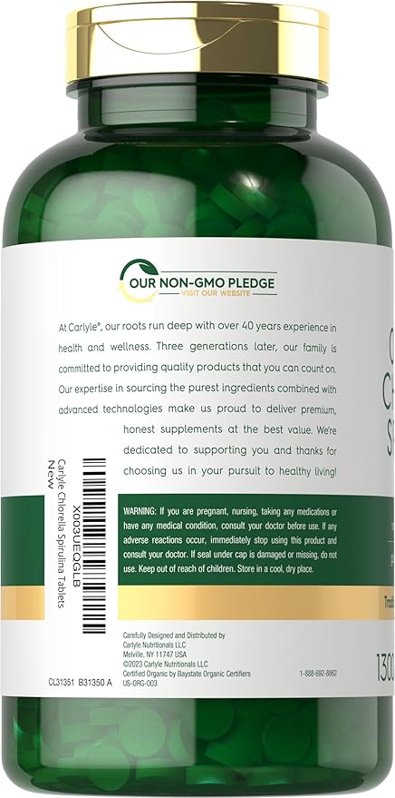Carlyle Organic Chlorella Spirulina Tablets | 1300 Count | 50/50 Blend | Non-GMO and Gluten Free Supplement
