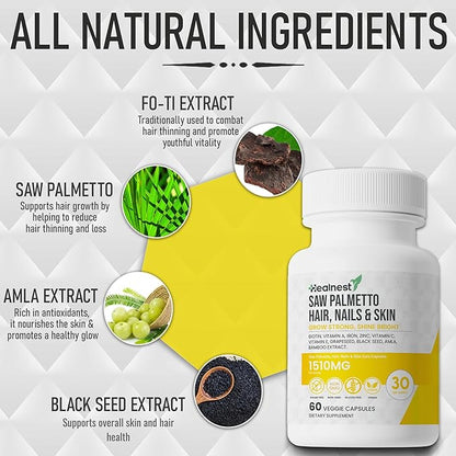 Hair, Nails & Skin Care with – Saw Palmetto, Biotin, Amla - 60 Non-GMO, Gluten Free, Veggie Capsules for Men and Women