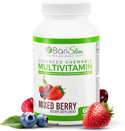 BariSlim Advanced Chewable Bariatric Multivitamin Tablets - Bariatric Vitamin and Supplement for Post Bariatric Surgery Including Gastric Bypass & Gastric Sleeve | Mixed Berry (60 Count)