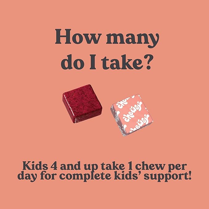 Chewsy Kids' Multivitamin + Probiotics + Superfoods Chews, Immune & Digestive Support, Vitamins A, C, D3, E, Zinc, Kids Chewable Supplement, Individually Wrapped Fruity Chews, 6-Day Supply (1)