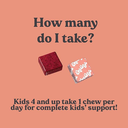 Chewsy Kids' Multivitamin + Probiotics + Superfoods Chews, Immune & Digestive Support, Vitamins A, C, D3, E, Zinc, Kids Chewable Supplement, Individually Wrapped Fruity Chews, 6-Day Supply (1)