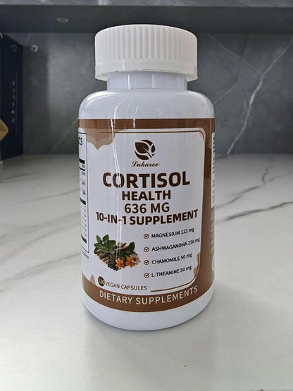 10-in-1 Cortisol Supplements with Magnesium, Ashwagandha, Chamomile, L-Theanine, Phosphatidylserine, St. John's Wort, Rhodiola, Vitamin C & D3, for Women Men, 240 Vegan Capsules for 4 Month, Non-GMO