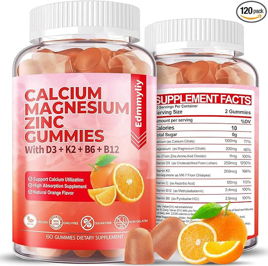 Sugar Free Calcium Magnesium Zinc Supplement Gummies with Vitamin D3 & B12 for Women and Men High Absorption Calcium Magnesium Supplement for Immune Support (120 Counts)