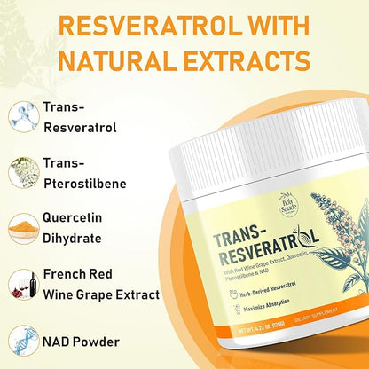 Trans-Resveratrol Powder Supplement with Red Wine Extract, Quercetin, Pterostilbene & NAD, 4.23 OZ, 30-Day Serving