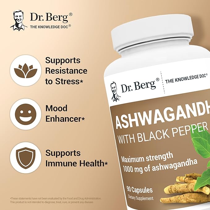 Dr. Berg Ashwagandha Capsules 1000mg - Includes Ashwagandha Root with Black Pepper from Bioperine - Ashwagandha Supplements 90 Capsules