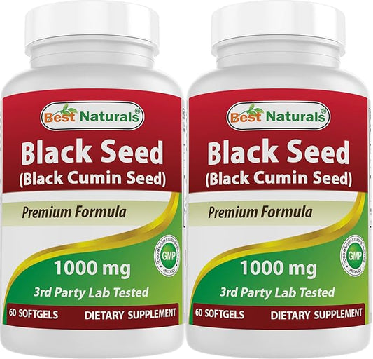 Best Naturals 2 Packs Black Seed Oil Capsules 1000 mg (Non-GMO) Nigella Sativa - 100% Cold Pressed Black Cumin Seed Oil Pills Contains Thymoquinonoe 60 Count (Total 120 Softgels)