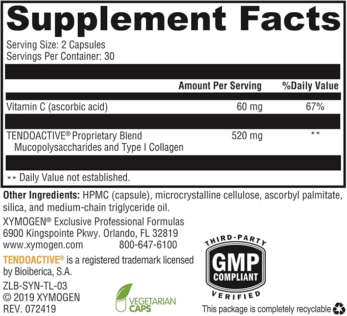 XYMOGEN SynovX Tendon & Ligament - Supports The Body’s Processes of Tendon/Ligament Self-Repair and Tendon/Ligament Comfort - Mucopolysaccharides and Type I Collagen (60 Capsules)