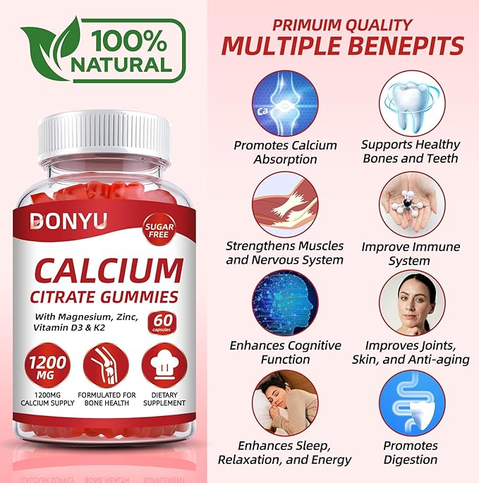 Calcium Citrate 1200mg Gummies with Vitamin D3: with Calcium Magnesium Zinc Vitamin D3 K2 for Bone Muscle Immune - Ultimate Absorption Calcium Supplement for Women & Men, Sugar-Free