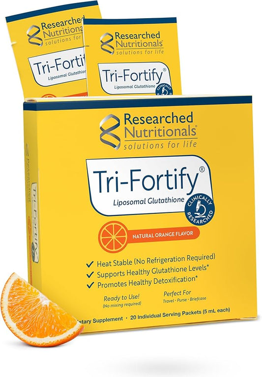 Researched Nutritionals Liposomal Glutathione (450mg) Liquid Gel + Vitamin C - Tri-Fortify - Aid Natural Energy, Immune Support & Detox - Clinically Researched for Absorption, Orange (20 Packets)