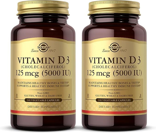 SOLGAR Vitamin D3 (Cholecalciferol) 125 mcg (5000 IU) - 240 Vegetable Capsules, Pack of 2 - Non-GMO, Gluten Free, Dairy Free, Kosher - 480 Total Servings