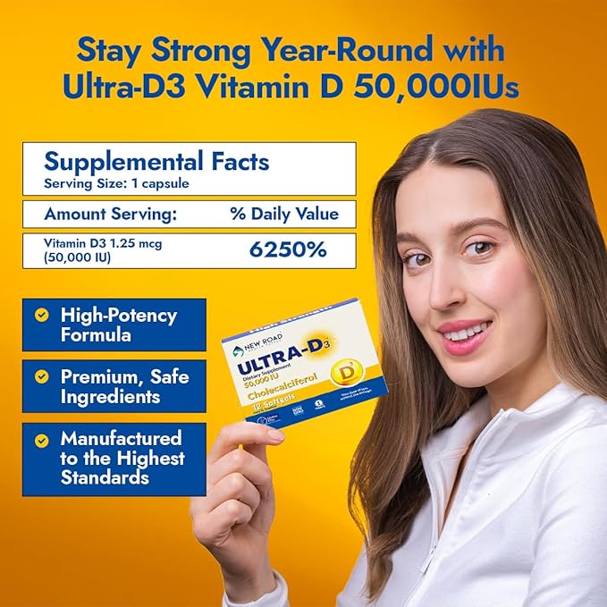 New Road Health Supply - Vitamin D 50000 IU, Once Weekly Dose, Easy to Swallow Vitamin D Softgel for Bones, Teeth, and Immune Support, Gluten Free,12 Count
