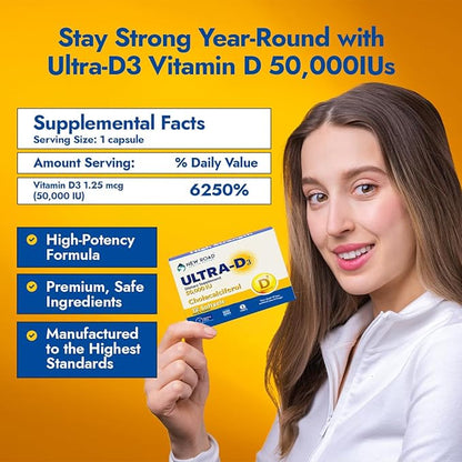 New Road Health Supply - Vitamin D 50000 IU, Once Weekly Dose, Easy to Swallow Vitamin D Softgel for Bones, Teeth, and Immune Support, Gluten Free,12 Count