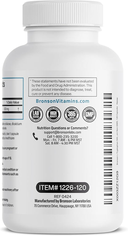 Bronson L-Tryptophan 500 MG High Potency Essential Amino Acid Supports Relaxation & Positive Mood Support Non-GMO, 120 Capsules