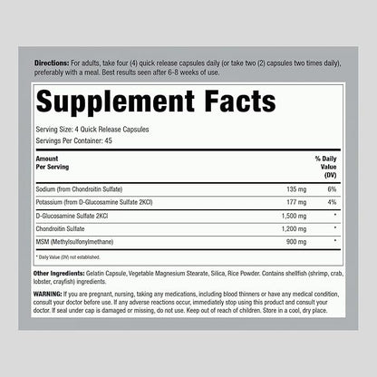 Piping Rock Glucosamine Chondroitin MSM Capsules | 180 Count | Advanced Joint Support | Non-GMO, Gluten Free Supplement | by Lindberg