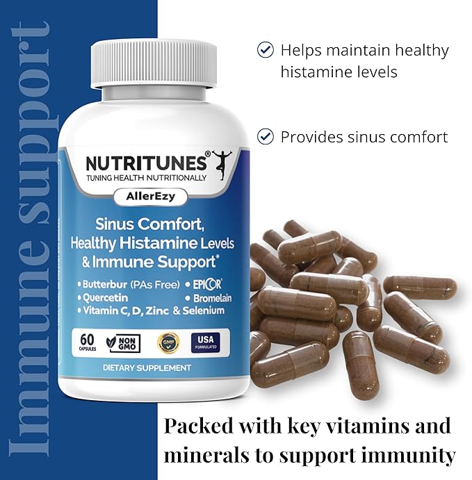 AllerEzy – Supports Healthy Histamine Levels, Sinus Comfort, and Immune Health with Butterbur, EpiCor, Quercetin, Bromelain, Vitamins C and D, Zinc, and Selenium – 60 Capsules