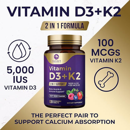 Vitamin D3 5000 iu Plus K2 (MK-7) 100 mcg - 2 in 1 Vitamins D & K Complex - Supports Calcium Absorption, Bone, Immune, & Heart Health – Made in the USA, Non-GMO, Easy to Swallow, 120 Chewable Tablets