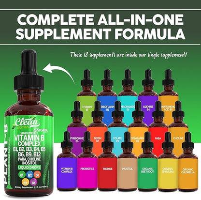 Vitamin B Complex Liquid Drops | Thiamine B1, B6, B2, B3, B4, B5, B7 B9, B12, Niacinamide, Paba, Choline Inositol Taurine Probiotics Beet Root Spirulina - Plant-B Vitamin Supplements - Clean Nutra (2)