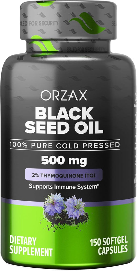 ORZAX Black Seed Oil Cold Pressed 100% Pure | Non-GMO – Rich in Omega 3 6 9 & Thymoquinone | Black Cumin Nigella Sativa Oil for Immune Support, Hair, Skin, Face (150 Softgel Capsules)