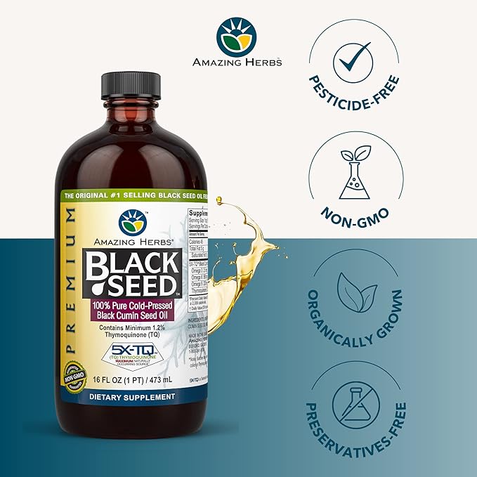 Amazing Herbs Premium Black Seed Oil - Gluten Free, Non GMO, Cold Pressed Nigella Sativa Aids in Digestive Health, Immune Support, Brain Function - 16 Fl Oz (Pack of 2)