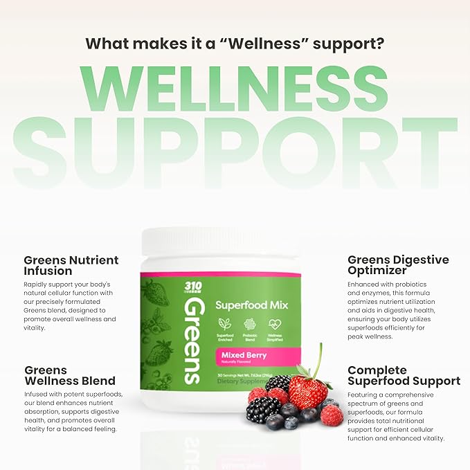 310 Nutrition Organic Superfood Greens Powder – Super Green Powder Supplement with Daily Greens Spirulina, Vegetable Enzymes & Antioxidants – Immunity Boost – Mixed Berry, 30 Servings