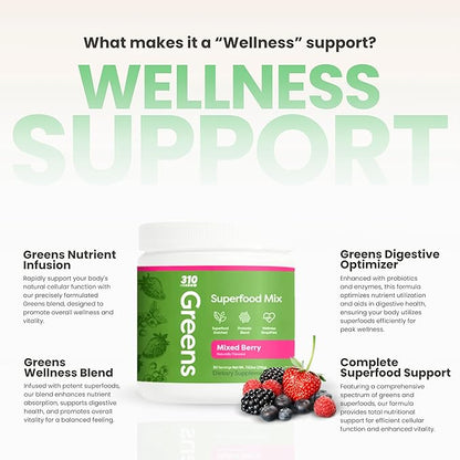 310 Nutrition Organic Superfood Greens Powder – Super Green Powder Supplement with Daily Greens Spirulina, Vegetable Enzymes & Antioxidants – Immunity Boost – Mixed Berry, 30 Servings