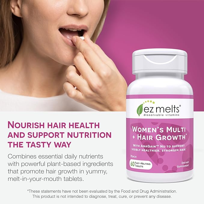 EZ Melts Dissolvable Women’s Multivitamin + Hair Growth with Biotin, Bamboo Extract & Clinically Studied AnaGain™ Nu, Supports Visibly Healthier, Stronger Hair, Sugar-Free Peach Flavor, 1-Month