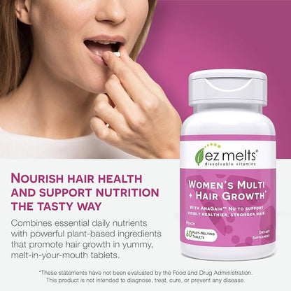 EZ Melts Dissolvable Women’s Multivitamin + Hair Growth with Biotin, Bamboo Extract & Clinically Studied AnaGain™ Nu, Supports Visibly Healthier, Stronger Hair, Sugar-Free Peach Flavor, 1-Month