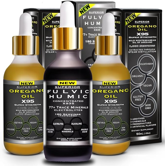 Fulvic Humic Acid Ionic Trace Minerals with Electrolytes Liquid Supplement Plus Oregano Oil Drops Super Strength More Versatile Then Oil of Oregano Softgels and Capsules