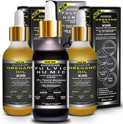 Fulvic Humic Acid Ionic Trace Minerals with Electrolytes Liquid Supplement Plus Oregano Oil Drops Super Strength More Versatile Then Oil of Oregano Softgels and Capsules