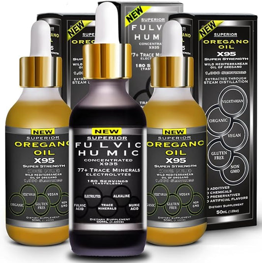 Fulvic Humic Acid Ionic Trace Minerals with Electrolytes Liquid Supplement Plus Oregano Oil Drops Super Strength More Versatile Then Oil of Oregano Softgels and Capsules